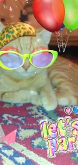 Quirky cat with party theme, sunglasses, balloons, and colorful decor.