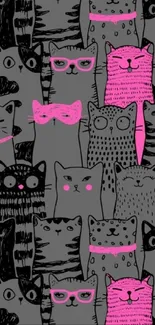 Quirky cat pattern in gray and pink hues for mobile wallpaper.