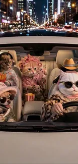 Cats driving a car at night with city lights.