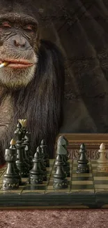 A monkey smoking while playing chess on a stylish board.