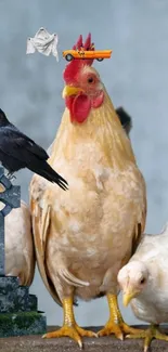 Quirky collage featuring a chicken, crow, and mixed elements.