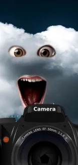 Humorous cloud face with camera on dark background.