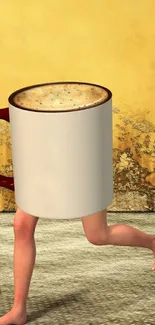 Surreal wallpaper of coffee mug with legs, on yellow textured background.