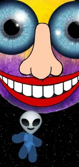 Cartoon face with cosmic theme in vibrant colors on a starry background.