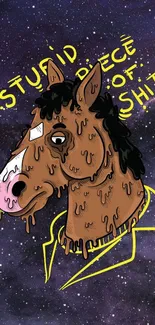 Cartoon horse on a cosmic background with yellow text.