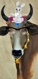 Cartoon cow with glasses and a rabbit on its head.