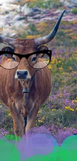 Cow wearing glasses in a colorful field with purple and green hues.