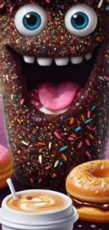 Quirky dessert-themed cartoon wallpaper with donuts and a smiling figure.
