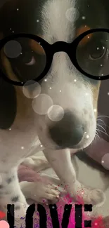 Cute dog with glasses mobile wallpaper, playful and fun design.