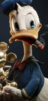 Quirky duck character with gold toy and cigar in dark blue background.