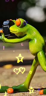 Vibrant frog figurines in a playful scene with a camera.