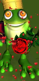 Quirky frog holding a red rose and a ring against a green background with hearts.