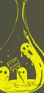 Neon yellow ghosts in a dark gray hourglass create a quirky wallpaper design.