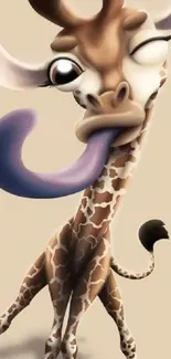 Cartoon giraffe with tongue out on beige background.