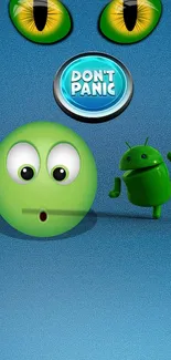 Quirky android and cartoon eyes on blue background wallpaper.