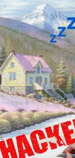 Whimsical artwork of a house in a snowy mountain scene with surreal touches.