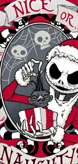 Skeleton with gift in red, black, and white festive design.