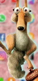 Ice Age squirrel holding an acorn with colorful app icons in the background.