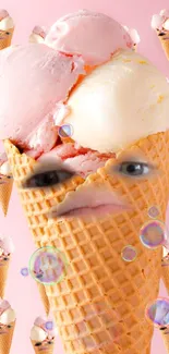 Quirky ice cream cone wallpaper with artistic twists on a pink background.