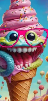 Colorful ice cream cone with eyes and pink glasses in whimsical art style.