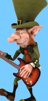 Cartoon leprechaun playing guitar on blue background