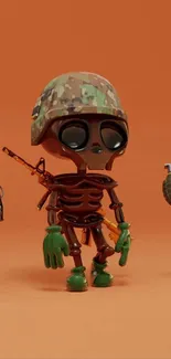 Quirky military skeleton with grenades on orange background.