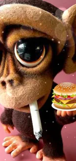 Quirky monkey holding a burger on a pink background.