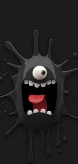 Funny cartoon monster on black splatter background.