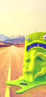 Quirky green monster on a sunny road with mountains.