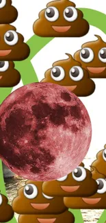 Quirky wallpaper with poop emojis and red moon design.