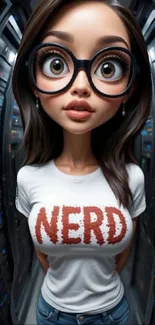 Nerd cartoon with glasses in futuristic setting.