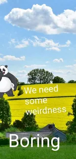 Funny panda on a vibrant green and yellow field with text overlay.