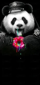 Panda dressed as police eating a colorful doughnut on black background.