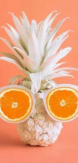 Pineapple with orange slice glasses on coral background.