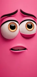 Quirky pink cartoon face with large eyes on a phone wallpaper.