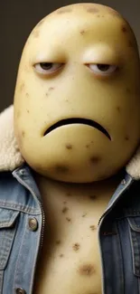 Humorous potato character in denim jacket, cartoon style.