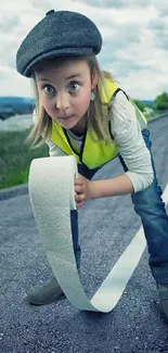 Child playfully unrolling paper on a rural roadside.