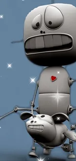 Quirky robot and dog mobile wallpaper with a starry blue background.