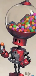 Quirky robot gumball machine wallpaper on beige background.