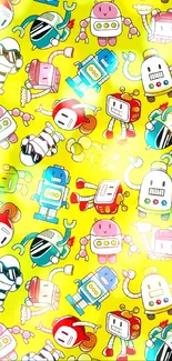 Colorful robot pattern on a yellow background, perfect for mobile wallpaper.