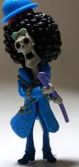 Quirky skeleton character in blue coat with playful expression.