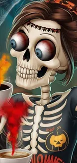 Skeleton enjoying coffee in Halloween style art.