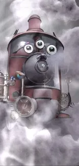 Cartoon steam engine with eyes surrounded by clouds.