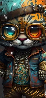 Quirky steampunk cat with vibrant colors and intricate details.