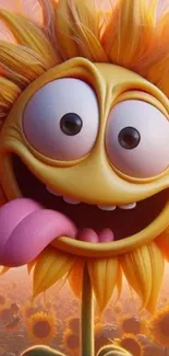 Cartoon sunflower with a playful face in a vibrant, sunny background.