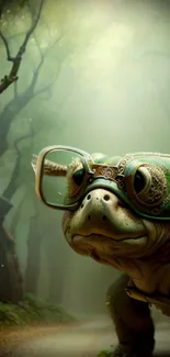 Turtle wearing glasses in an enchanted forest setting, whimsical mobile wallpaper.