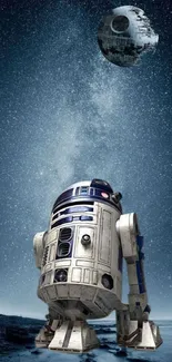 R2D2 stands beneath a star-filled sky and a looming Death Star.