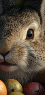 Rabbit surrounded by vibrant autumn fruits.
