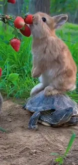 Rabbit on turtle reaching for strawberries wallpaper.