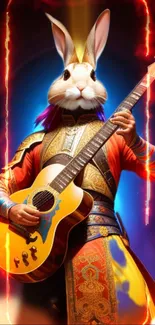 Rabbit dressed as a rockstar playing guitar with vivid colors and fiery effects.